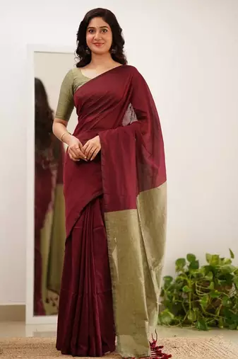 Brown beige silk blend jacuard work festival saree with unstitched blouse piece