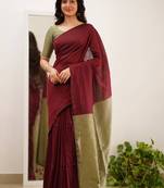 Brown beige silk blend jacuard work festival saree with unstitched blouse piece