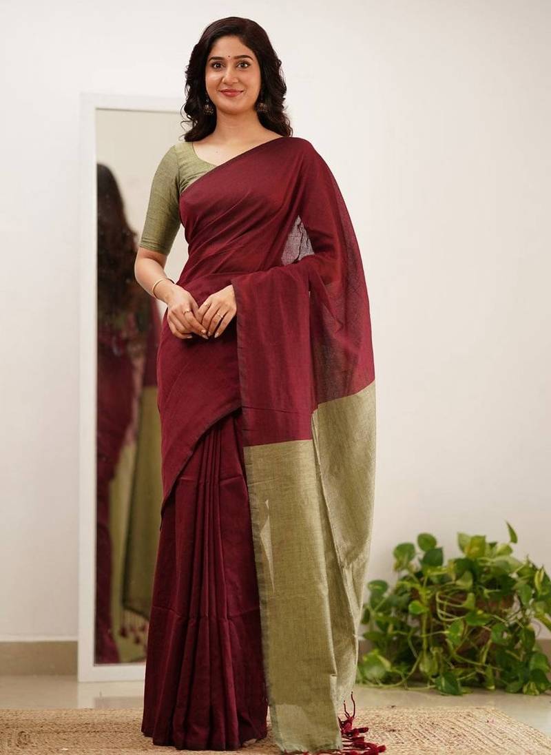 Brown beige silk blend jacuard work festival saree with unstitched blouse piece