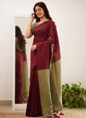 Brown beige silk blend jacuard work festival saree with unstitched blouse piece 2