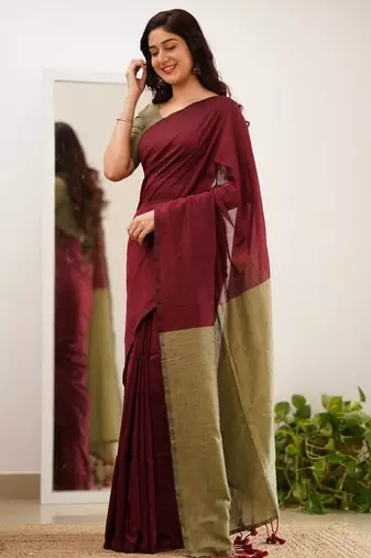 Brown beige silk blend jacuard work festival saree with unstitched blouse piece