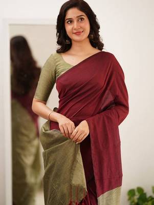 Brown beige silk blend jacuard work festival saree with unstitched blouse piece 3