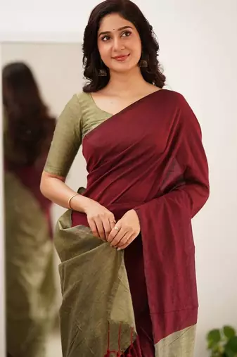 Brown beige silk blend jacuard work festival saree with unstitched blouse piece