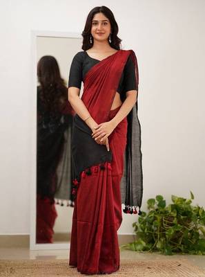 Maroon black silk blend jacuard work festival saree with unstitched blouse piece 1