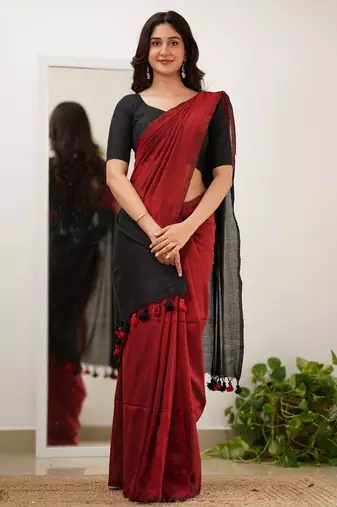 Maroon black silk blend jacuard work festival saree with unstitched blouse piece
