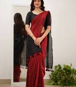 Maroon black silk blend jacuard work festival saree with unstitched blouse piece