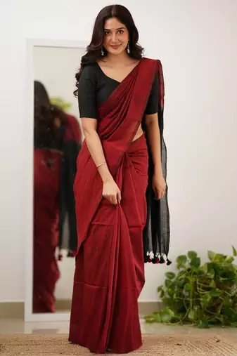 Maroon black silk blend jacuard work festival saree with unstitched blouse piece