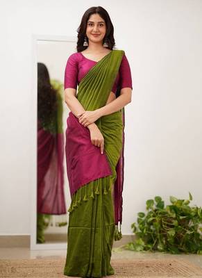 Parrot wine silk blend jacuard work festival saree with unstitched blouse piece 1