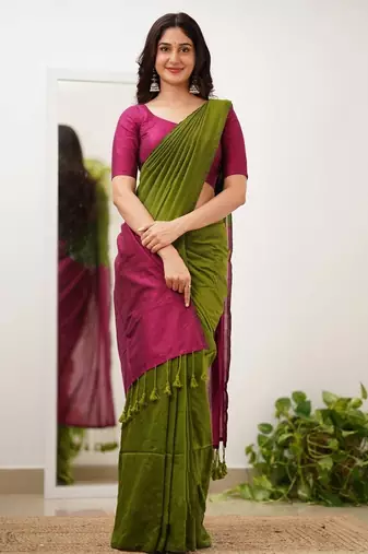 Parrot wine silk blend jacuard work festival saree with unstitched blouse piece