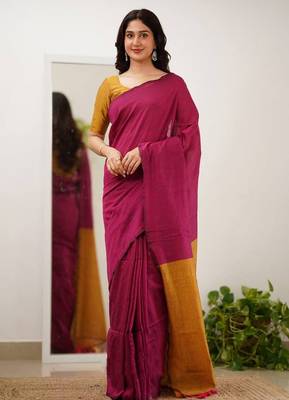 Wine yeellow silk blend jacuard work festival saree with unstitched blouse piece 1