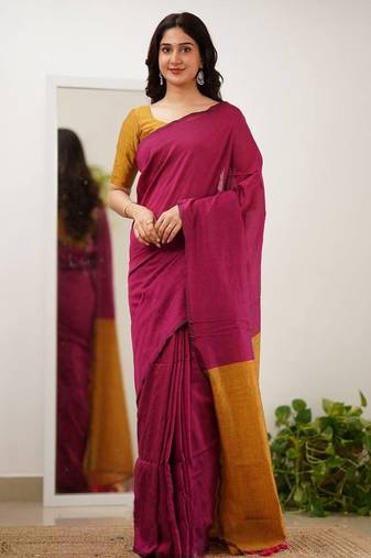Wine yeellow silk blend jacuard work festival saree with unstitched blouse piece