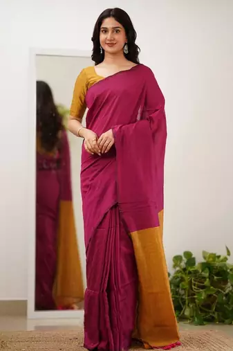Wine yeellow silk blend jacuard work festival saree with unstitched blouse piece