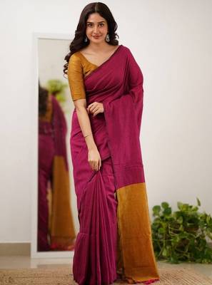 Wine yeellow silk blend jacuard work festival saree with unstitched blouse piece 2