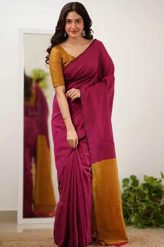 Wine yeellow silk blend jacuard work festival saree with unstitched blouse piece