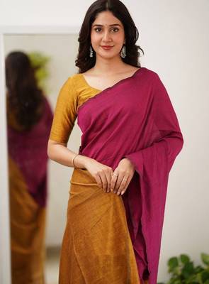 Wine yeellow silk blend jacuard work festival saree with unstitched blouse piece 3