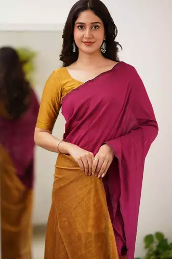 Wine yeellow silk blend jacuard work festival saree with unstitched blouse piece