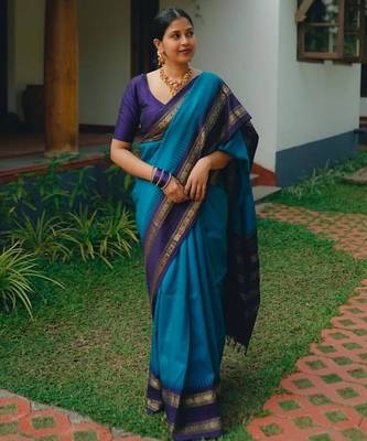 Rama blue silk blend jacuard work festival saree with unstitched blouse piece 1