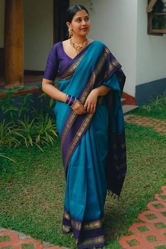 Rama blue silk blend jacuard work festival saree with unstitched blouse piece