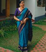 Rama blue silk blend jacuard work festival saree with unstitched blouse piece