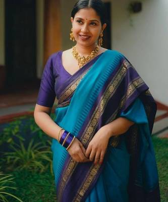 Rama blue silk blend jacuard work festival saree with unstitched blouse piece 2