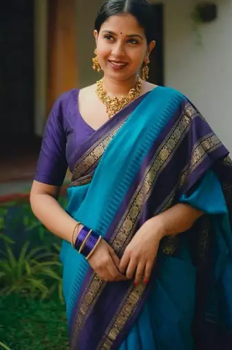 Rama blue silk blend jacuard work festival saree with unstitched blouse piece