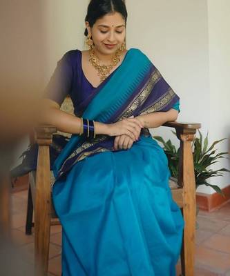 Rama blue silk blend jacuard work festival saree with unstitched blouse piece 3