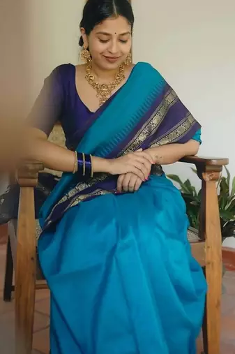 Rama blue silk blend jacuard work festival saree with unstitched blouse piece
