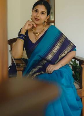 Rama blue silk blend jacuard work festival saree with unstitched blouse piece 5