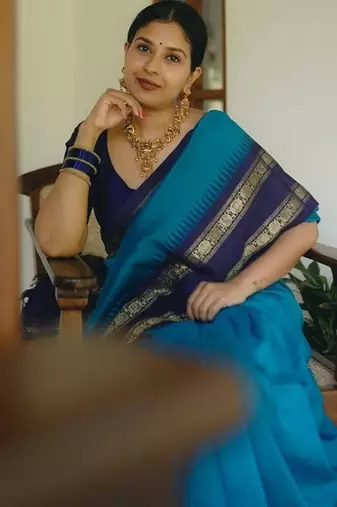 Rama blue silk blend jacuard work festival saree with unstitched blouse piece