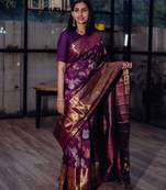 Wine silk blend jacuard work festival saree with unstitched blouse piece