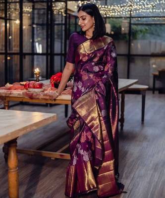 Wine silk blend jacuard work festival saree with unstitched blouse piece 2
