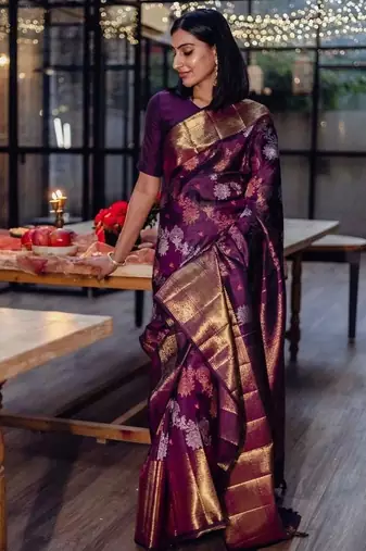 Wine silk blend jacuard work festival saree with unstitched blouse piece