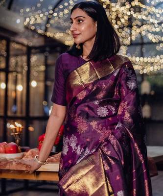 Wine silk blend jacuard work festival saree with unstitched blouse piece 3