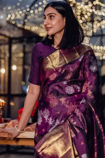 Wine silk blend jacuard work festival saree with unstitched blouse piece