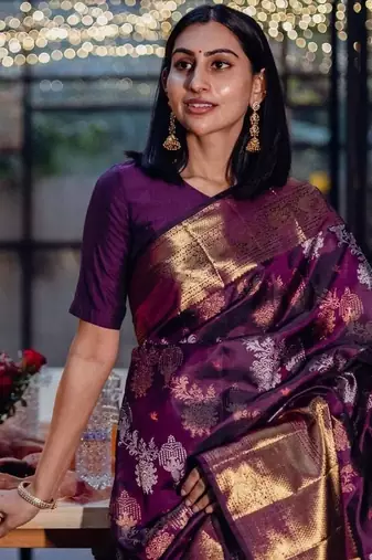 Wine silk blend jacuard work festival saree with unstitched blouse piece