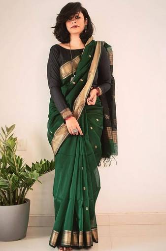 Green silk blend jacuard work festival saree with unstitched blouse piece
