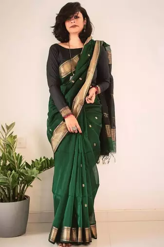 Green silk blend jacuard work festival saree with unstitched blouse piece