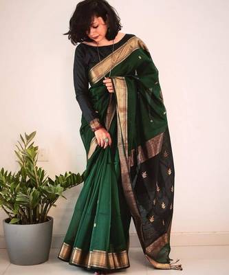 Green silk blend jacuard work festival saree with unstitched blouse piece 2