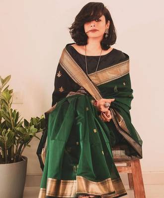 Green silk blend jacuard work festival saree with unstitched blouse piece 4