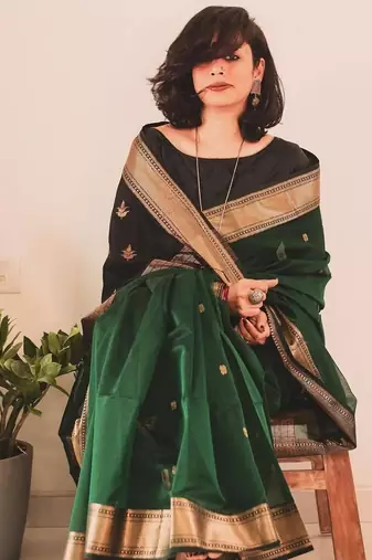 Green silk blend jacuard work festival saree with unstitched blouse piece