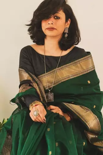 Green silk blend jacuard work festival saree with unstitched blouse piece