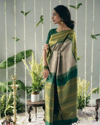 Beige green silk blend jacuard work festival saree with unstitched blouse piece 1