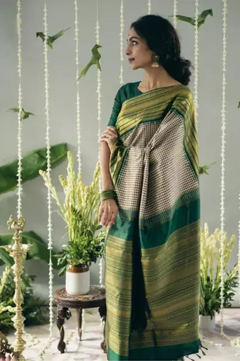 Beige green silk blend jacuard work festival saree with unstitched blouse piece