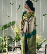 Beige green silk blend jacuard work festival saree with unstitched blouse piece