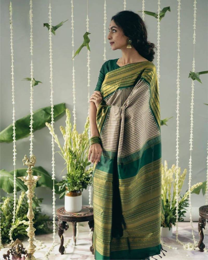 Beige green silk blend jacuard work festival saree with unstitched blouse piece