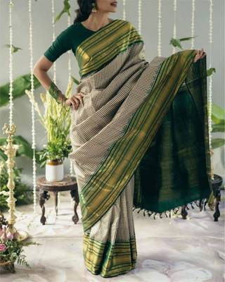 Beige green silk blend jacuard work festival saree with unstitched blouse piece 2
