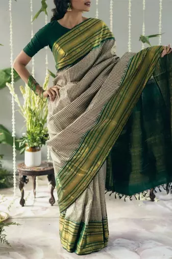 Beige green silk blend jacuard work festival saree with unstitched blouse piece