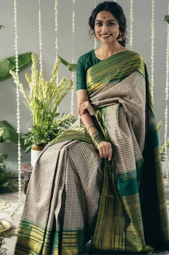 Beige green silk blend jacuard work festival saree with unstitched blouse piece