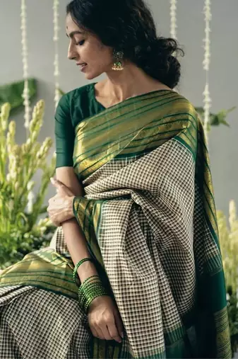 Beige green silk blend jacuard work festival saree with unstitched blouse piece