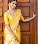 Yellow silk blend jacuard work festival saree with unstitched blouse piece